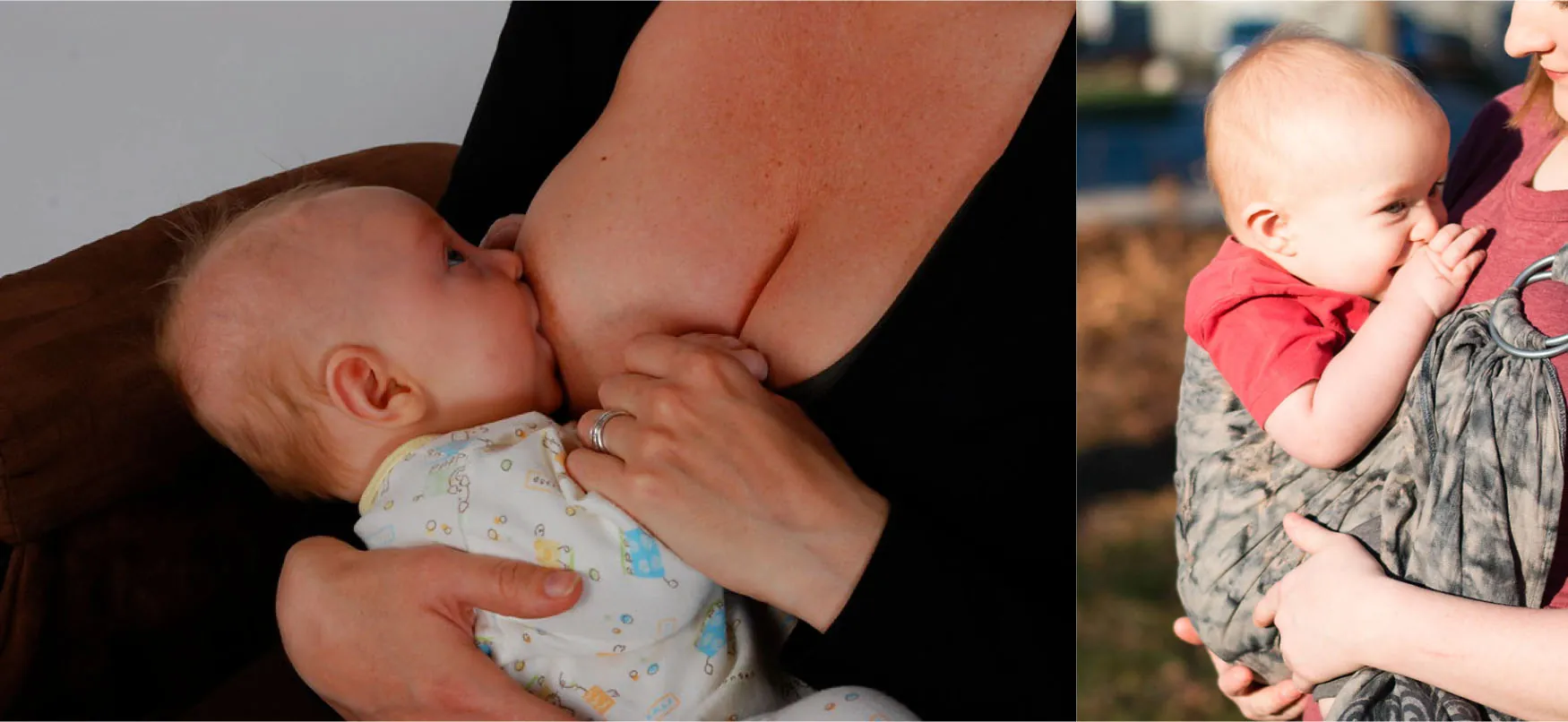 On the left, an infant nurses. On the right, a baby is held and smiles.