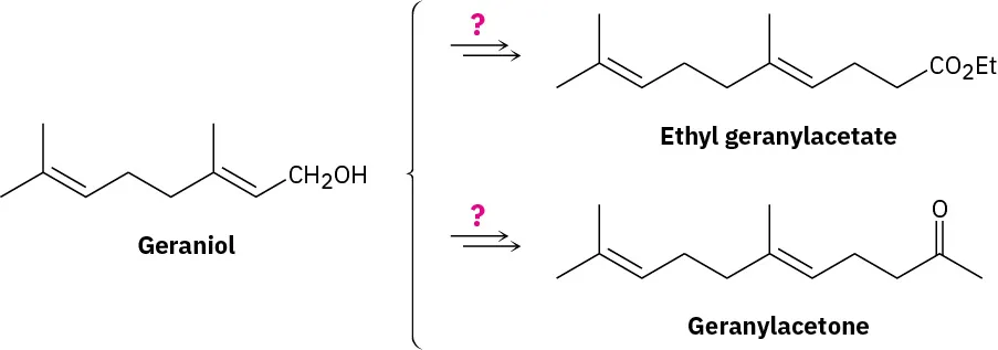 When using reagents represented by question marks, geraniol undergoes a chemical reaction to form ethyl geranylacetate and geranyl acetone.