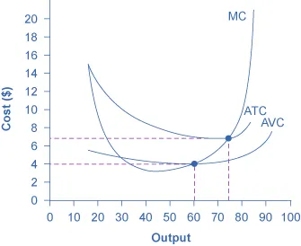 The graph shows marginal cost as an upward-sloping curve, and average variable cost and average total cost as U-shaped curves.