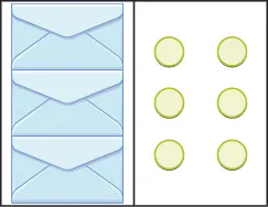 Three light blue envelopes are stacked vertically on the left side of a white background, while six light yellow circular tokens are arranged in two columns of three on the right.