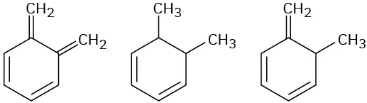 Three 1,3-cyclohexadiene rings. First: with methylene groups at C 5 and C 6. Second: with methyl groups at C 5 and C 6. Third: with a methylene group at C 5 and a methyl group at C 6.