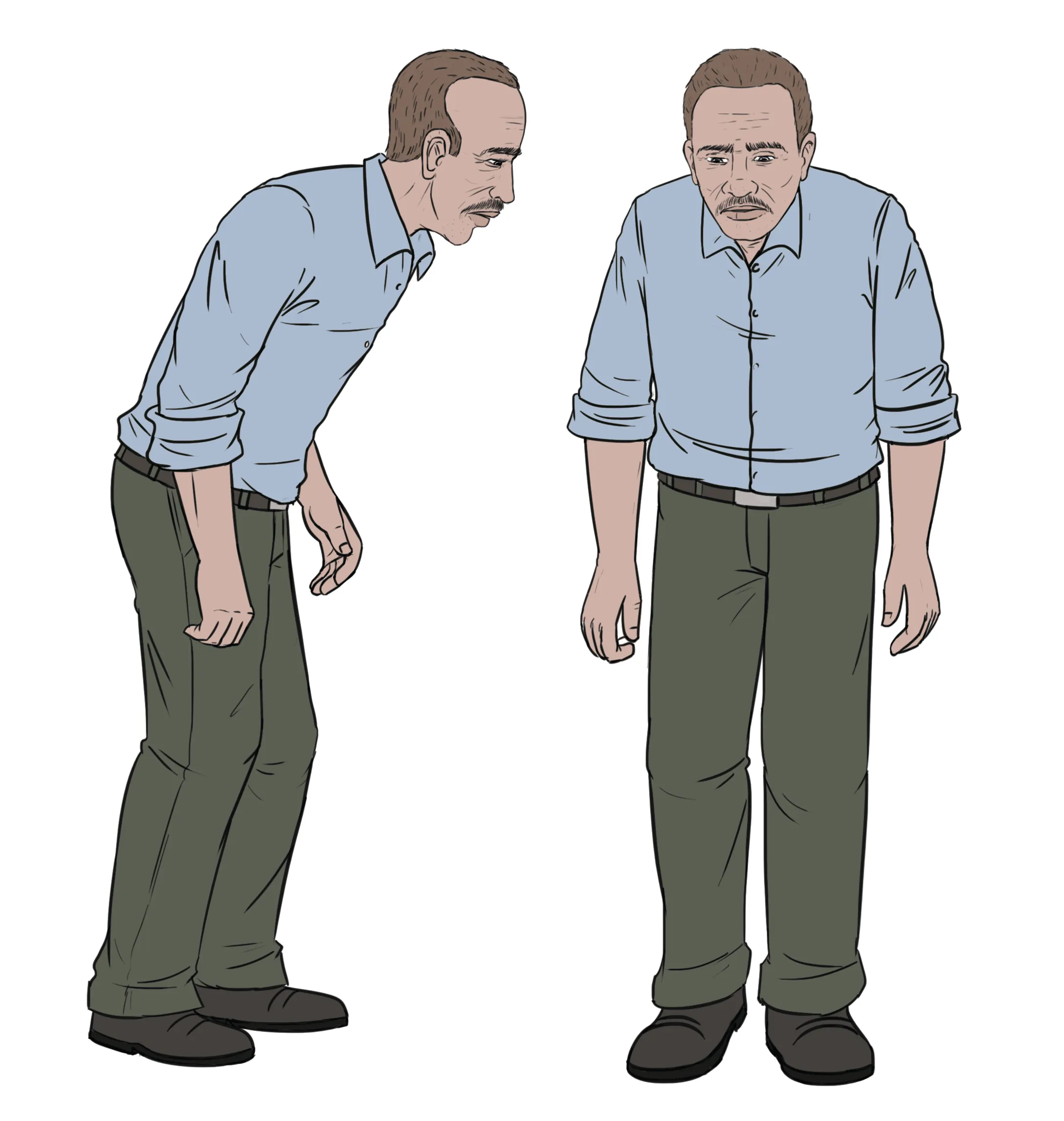 Illustration shows a hunched man with stiff arms and a shuffling walk.