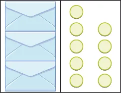 This image has two columns. In the first column there are three envelopes. In the second column there are two vertical rows. The first row includes five blue circles, the second row includes four blue circles.