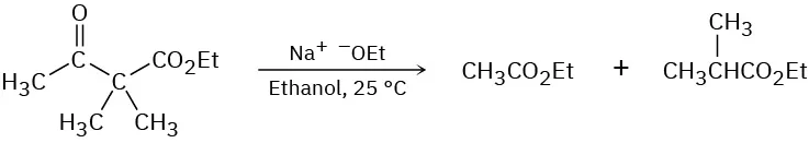The reaction of ethyl dimethylacetoacetate with sodium ethoxide and ethanol at twenty-five degrees Celsius results in the formation of ethyl acetate and ethyl 2-methylpropanoate.