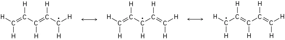All three resonance forms of pentadienyl radical, separated by double-headed arrows.