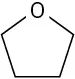 The bond-line structure of tetrahydrofuran has a 5-membered ring made of an oxygen atom and four carbon atoms.