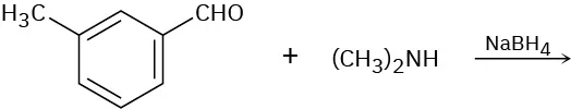 A benzene ring with aldehyde group on C 1 and methyl on C 3 reacts with dimethylamine in the presence of sodium borohydride. The product is not mentioned.