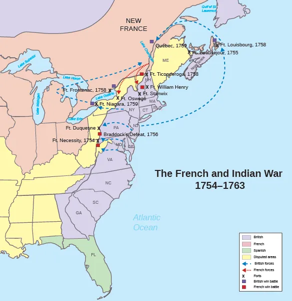 A schematic map depicts the events of the French and Indian War, including troop movements, important battles, and French and British forts.
