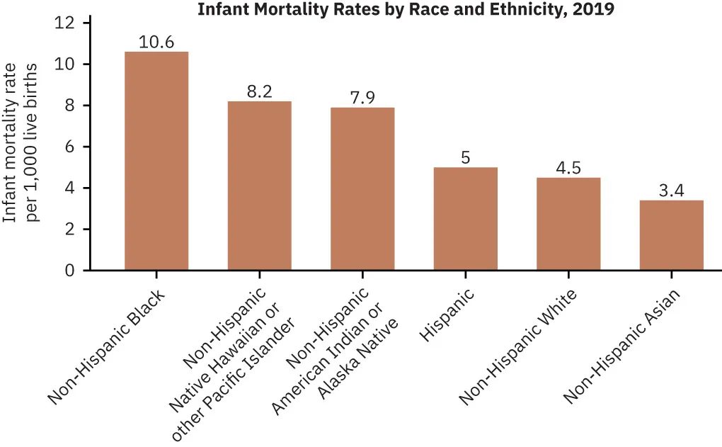 A chart from the CDC showing infant mortality rates by race and ethnicity in the U.S. Rates are as follows: Non-Hispanic Black: 10.6 per 1,000 live births; Non-Hispanic Native Hawaiian or other Pacific Islander, 8.2 per 1,000 live births; Non-Hispanic American Indian or Alaska Native, 7.9 per 1,000 live births; Hispanic: 5 per 1,000 live births; non-Hispanic White: 4.5 per 1,000 live births; and non-Hispanic Asian: 3.4 per 1,000 live births.