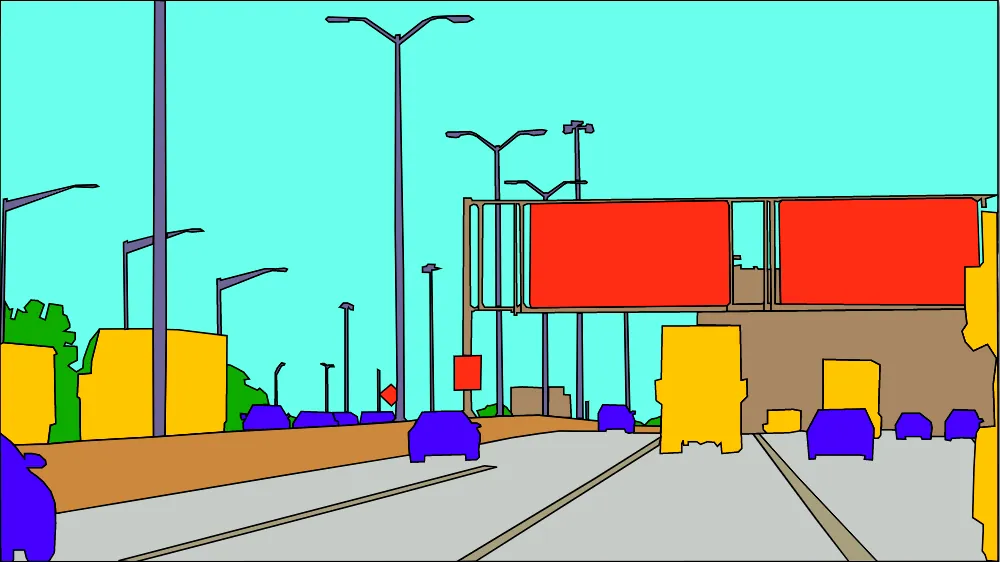 An image of a highway scene with semantic segmentation created by AI. Blue indicates a small vehicle,and yellow indicates vans and trucks; gray indicates the road, trees and other foliage are in green; the highway signs are in red, and aqua blue is the sky.