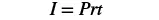 The simple interest formula is displayed, showing I = Prt. This equation represents how to calculate simple interest (I) based on the principal amount (P), the annual interest rate (r), and the time (t) in years.