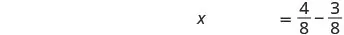 A mathematical equation displays 'x = 4/8 - 3/8' on a white background, representing a subtraction problem with fractions sharing a common denominator.