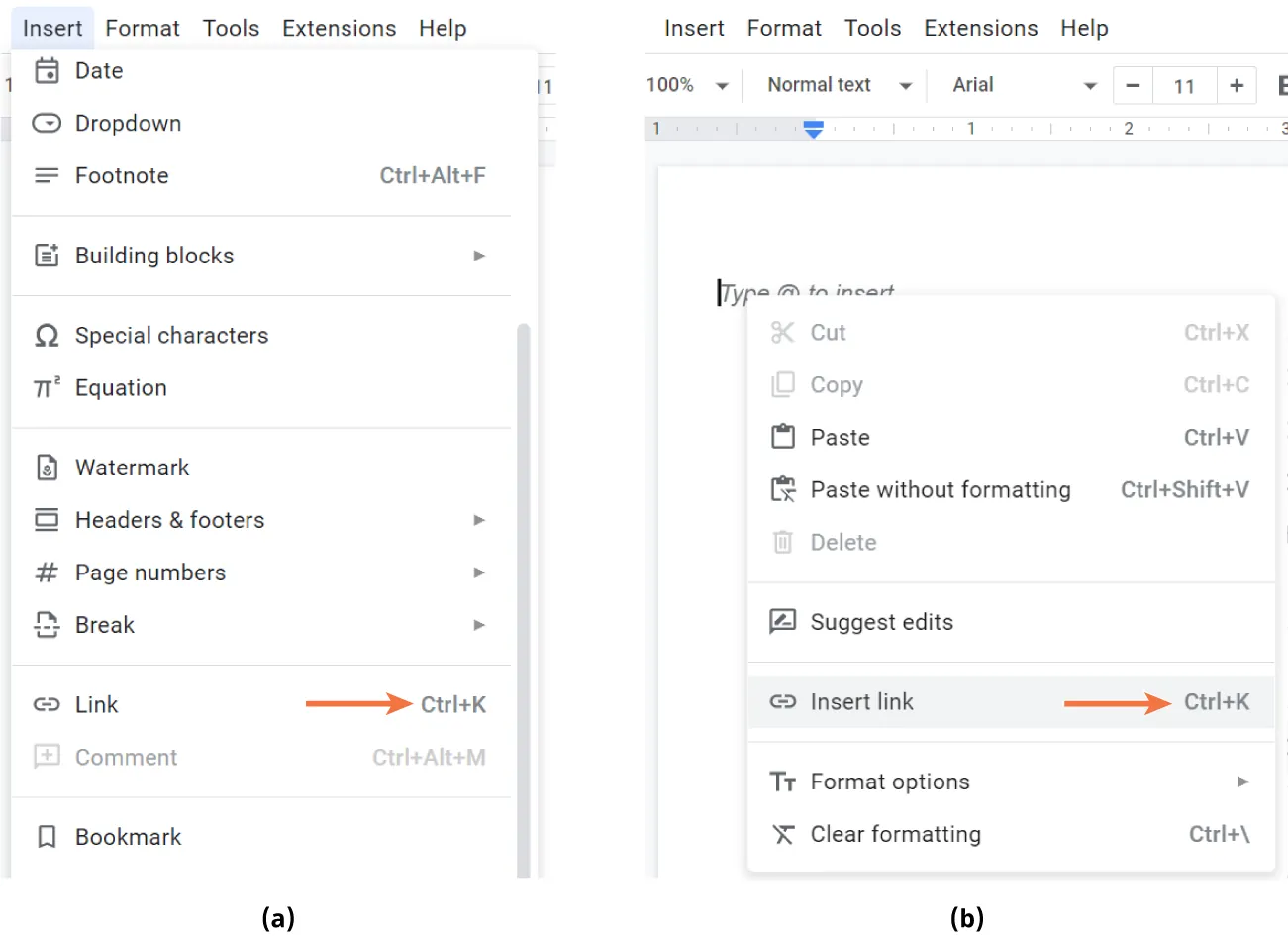 (a) In Google Docs, Insert opens to an options for Link (Ctrl+K function is highlighted). (b) An open pane selected the Insert link option (Ctrl+K function is highlighted).