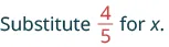 The image shows the text 'Substitute 4/5 for x.' in a mathematical context, likely instructing to replace the variable 'x' with the fraction '4/5'.