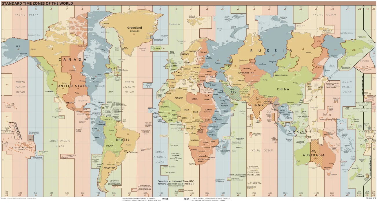 A Standard Time Zones of the World map displays time zones in a variety of colors with numbers across the top indicating + or – hours from the Prime Meridian.