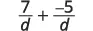 A mathematical expression showing the addition of two fractions with a common denominator 'd'. The expression is 7/d + (-5)/d.