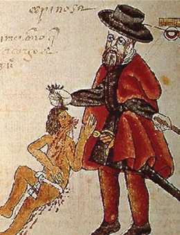 A drawing shows a Spaniard, wearing a beard and European clothing and holding a stick or sword, pulling the hair of a much smaller Native American who is wearing a loincloth and has blood flowing from his face and body.
