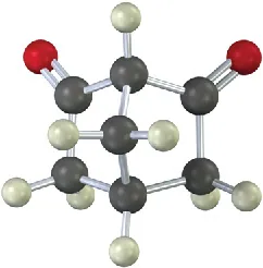 A ball-stick model of a compound comprising a six membered ring with carbonyl groups at C 1 and C 3 and with a C H 2 bridge between C 2 and C 5. Black, gray, and red spheres represent carbon, hydrogen, and oxygen, respectively.