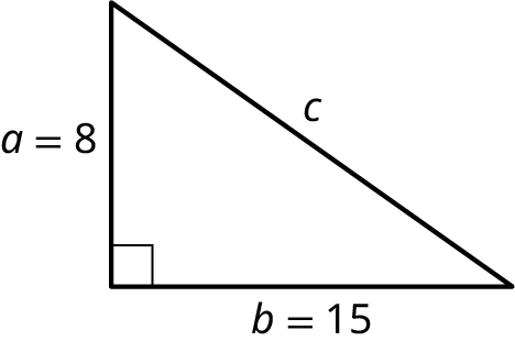 A right triangle. The legs are labeled a equals 8 and b equals 15. The hypotenuse is labeled c.