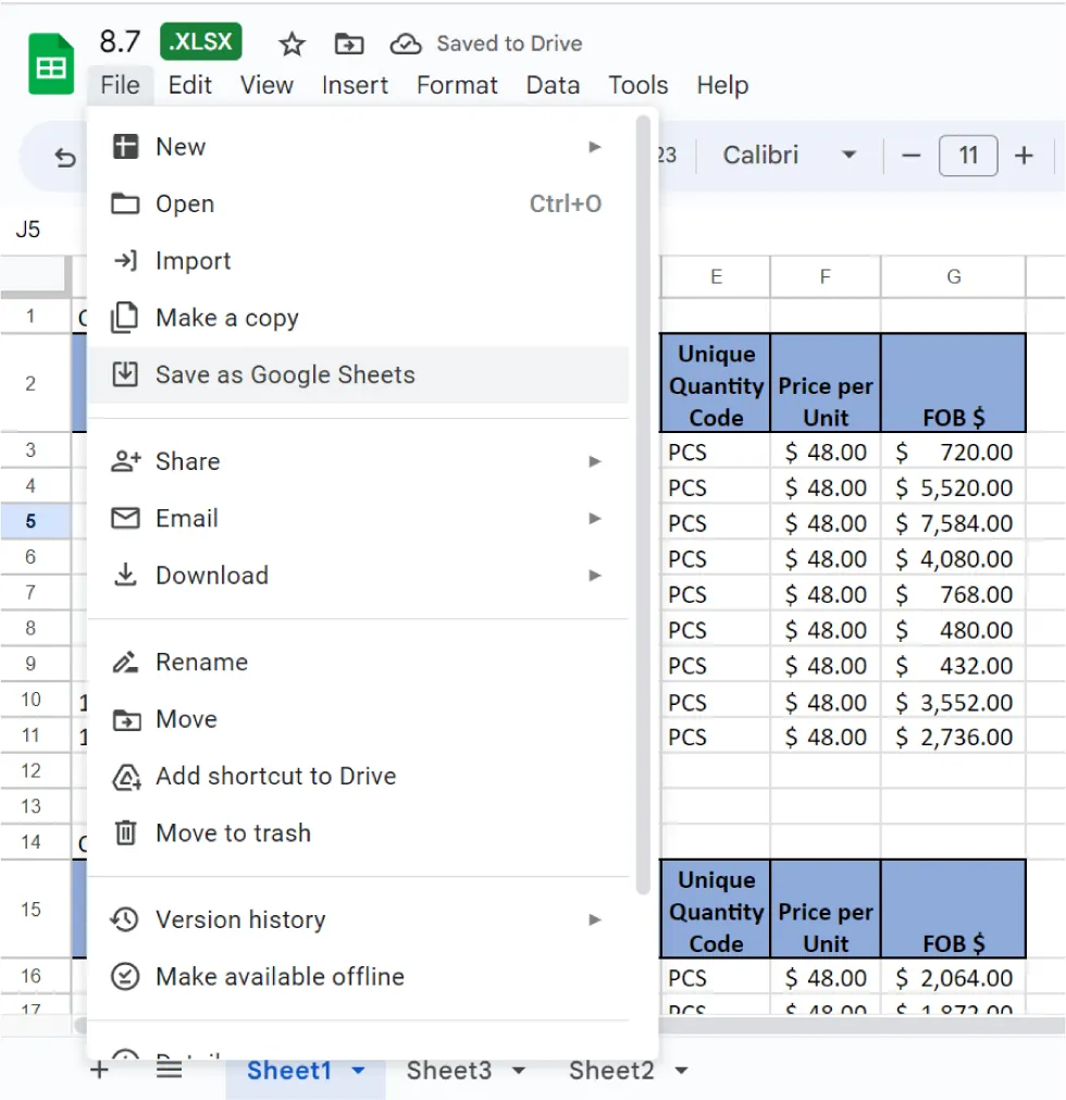 File tab selected displays an option to Save as Google Sheets selected.
