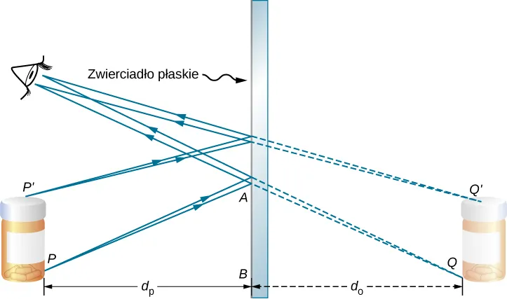 Figura przedstawia płaskie zwierciadło umieszczone pośrodku rysunku, po jego lewej stronie znajduje się butelka, a po prawej wyblakła butelka (co wskazuje, że jest ona obrazem). Odległość między przedmiotem, obrazem a podstawą lustra jest oznaczona odpowiednio jako jako d subscript o oraz d subscript i. Z punktu P wychodzą dwa promienie, które trafiają w lustro w dwóch różnych punktach. Promienie odbite od tych punktów trafiają do oka obserwatora, jak pokazano u góry po lewej stronie rysunku. Promienie te zostały wydłużone przerywanymi liniami ku prawej stronie rysunku, dając złudzenie, że wychodzą z punktu Q, znajdującego się blisko podstawy obrazu. Analogicznie, dwa promienie biegnące z punktu P prim, który znajduje się w górnej części przedmiotu trafiają w zwierciadło i zostają odbite, wpadając do oka obserwatora. Przedłużenia tych promieni wydają się wychodzić z punktu Q prim, znajdującego się w górnej części obrazu.