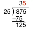 Long division of 875 by 25, showing the quotient 35 with the 5 in red above the division bar, this indicated that 25 goes into 125,5 times.