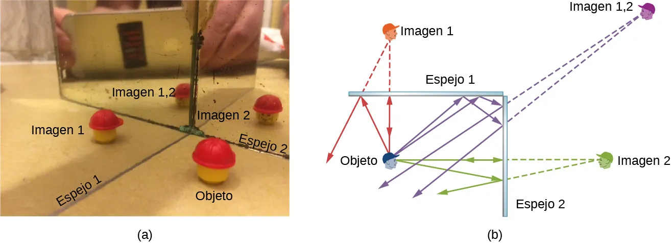 La figura a muestra el espejo 1 y el espejo 2 colocados en ángulo recto y un hombre de lego frente a ellos. El espejo 1 muestra la imagen 1, el espejo 2 muestra la imagen 2 y la imagen de la imagen 1, marcada como imagen 1,2. La figura b muestra la sección transversal de dos espejos en ángulo recto. El espejo 1 se coloca horizontalmente en la parte superior y el espejo 2, verticalmente, a la derecha. El objeto es un rostro humano, erguido y orientado hacia la derecha, hacia el espejo 2. La imagen 1 está encima del espejo 1, al revés y mirando hacia la derecha. La imagen 2 está a la derecha del espejo 2, en posición vertical y mirando hacia la izquierda. La imagen 1,2 está en la esquina superior derecha, al revés y mirando hacia la izquierda.