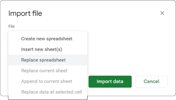 Import file window displays File selections: Create new spreadsheet, Insert new sheet(s), Replace spreadsheet (selected), Replace current sheet, Append to current sheet, Replace data at selected cell. Import data button selected.