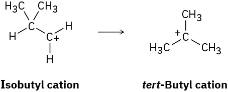 The figure shows isobutyl cation converts to tertiary-butyl cation.