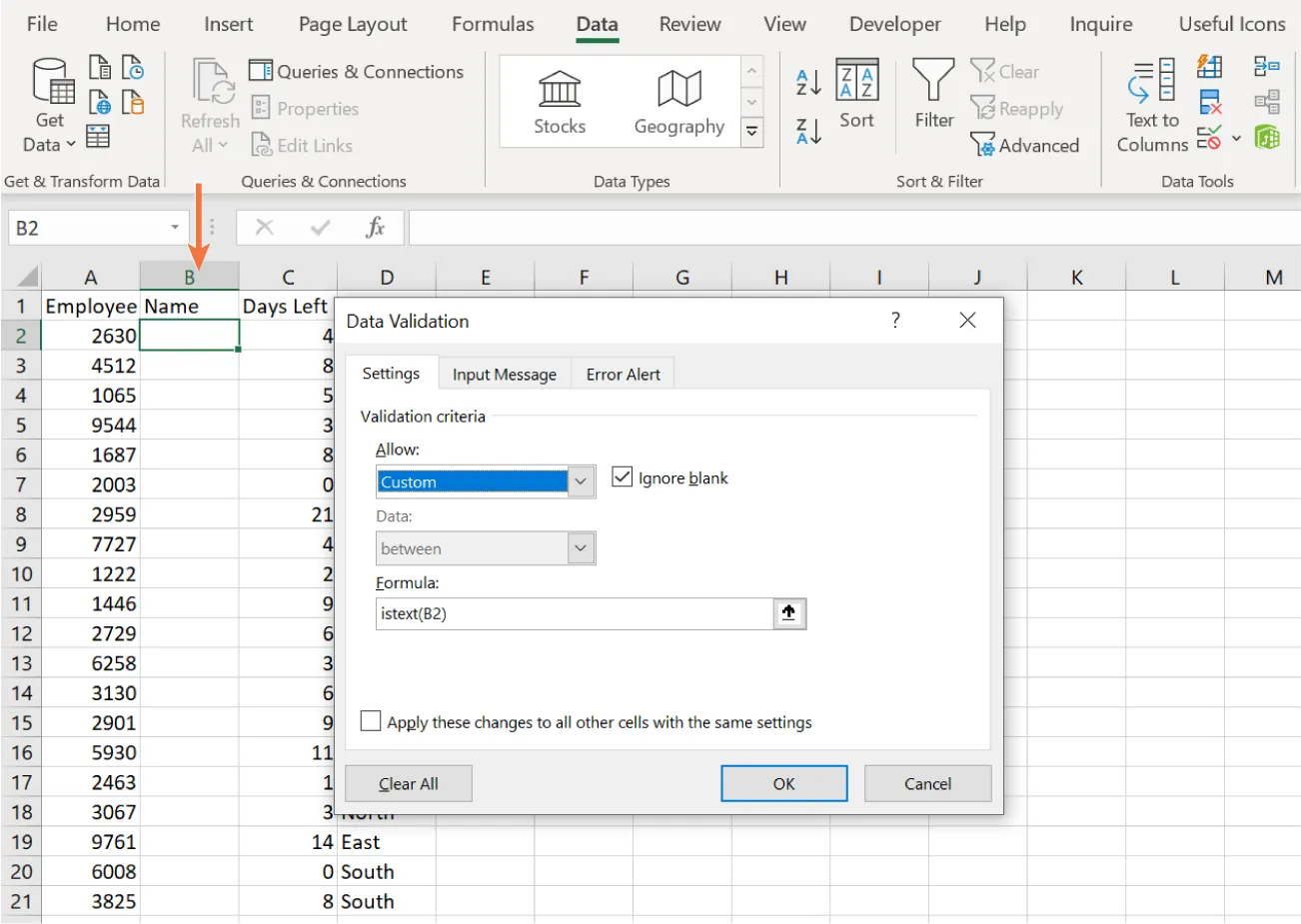 Data Validation pane displays Setting tab selected with Validation criteria selected: Allow: Custom; Ignore blank checked; Date: between; Formula: istext(B2). Column B is highlighted and cell B2 selected in spreadsheet.