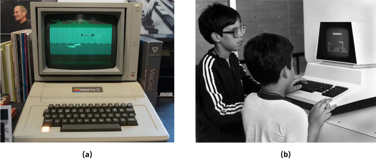 (a) An Apple II computer with a large keyboard and green, pixelated images is visible. (b) A photo shows two children standing and looking at a small computer on a table.