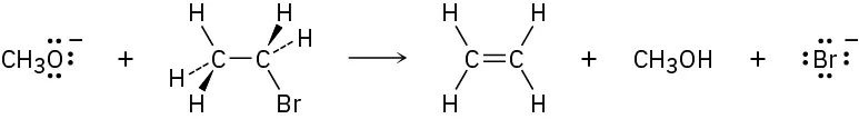 A methoxide ion reacts with ethyl bromide to form ethene, methanol, and a bromide ion.