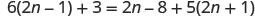 A mathematical equation is displayed on a white background. The equation is 6(2n - 1) + 3 = 2n - 8 + 5(2n + 1).