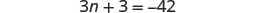 A linear algebraic equation is shown, displaying '3n + 3 = -42' in black text on a white background, representing a problem to solve for the variable 'n'.