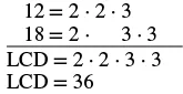 Calculating the Least Common Denominator (LCD) of 12 and 18 using prime factorization, resulting in 36.