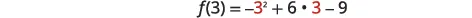 A mathematical equation is displayed on a white background: f(3) = -3^2 + 6 	 	 3 - 9. The numbers '3' within the terms '-3^2' and '6 	 	 3' are highlighted in red, indicating a substitution or evaluation.