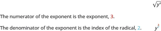 Conversion of radical to exponential form: √y³ is equivalent to y^(3/2). The exponent's numerator (3) comes from the radicand's exponent, and the denominator (2) is the radical's index.