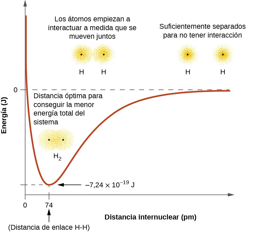 Se muestran un par de diagramas marcados como "a" y "b". El diagrama a muestra tres imágenes consecutivas. La primera imagen muestra dos círculos borrosos separados, cada uno de ellos marcado con un signo positivo y el término "átomo H". Debajo de ellos dice: "Suficientemente separados para no tener interacción". La segunda imagen muestra los mismos dos círculos, pero ahora están mucho más juntos y llevan la marca "Los átomos empiezan a interactuar al acercarse". La tercera imagen muestra los dos círculos superpuestos, marcados como "H subíndice 2" y "Distancia óptima para conseguir la menor energía global del sistema". El diagrama b muestra un gráfico en el que el eje y está marcado como "Energía ( J )", y el eje x está marcado como "Distancia internuclear ( p m )". El punto medio del eje y está marcado como cero. La curva del gráfico comienza en cero p m y en lo alto del eje Y. El gráfico tiene una fuerte pendiente hacia abajo hasta un punto muy por debajo de la línea de cero julios en el eje y y el punto más bajo dice "0,74 p m" y "longitud de enlace H a H". También está marcado como "negativo 7,24 veces 10 superíndice negativo 19 J". A continuación, el gráfico vuelve a subir hasta llegar a cero J, y va acompañado de las mismas imágenes del diagrama a; la primera imagen se corresponde con el punto del gráfico en el que se cruza el punto cero del eje y, la tercera imagen en el punto más bajo.