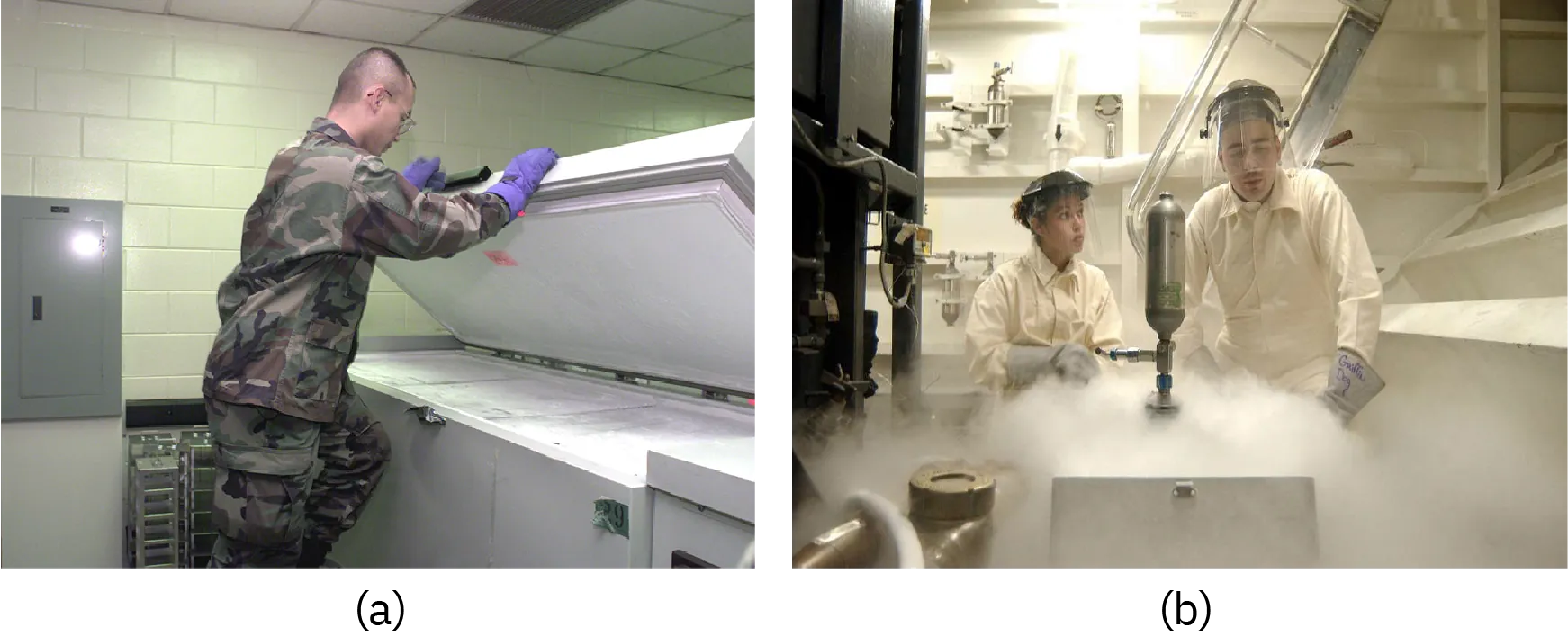 Photo of a person standing in front of a large freezer. Photo of a person standing in front of a large freezer.