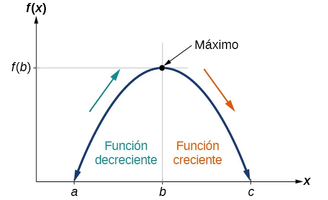 Gráfico de un polinomio que muestra los intervalos crecientes y decrecientes y el máximo local.