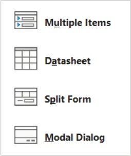 A list includes Multiple Items, Datasheet, Split Form, and Modal Dialog with icons displayed.
