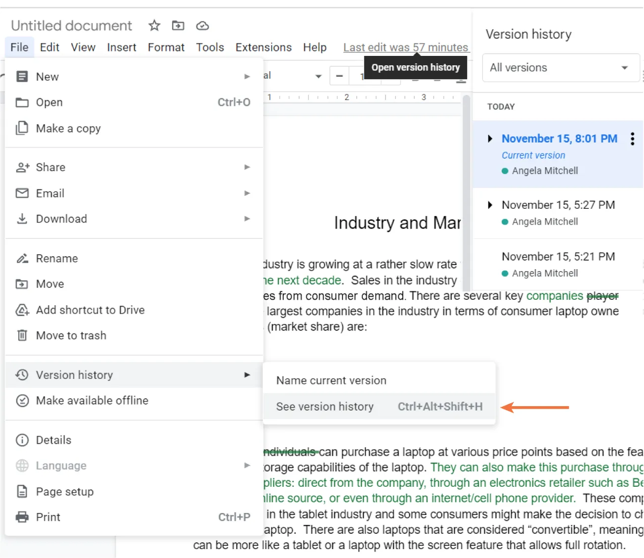 Version History is selected, then See version history. Version history pane lists all versions. Next to the Help button a link for Last edit was 57 minutes ago Opens version history.