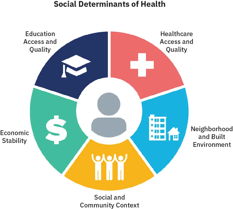 Diagram showing Social Determinants of Health with images: plus sign, Healthcare Access and Quality; house and apartment building, Neighborhood and Built Environment; people, Social and Community Context; dollar sign, Economic Stability; graduation cap, Education Access and Quality.