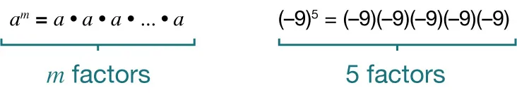 First example: a raised to the power of m equals a times a times a times a and so on until you have multiplied m different factors of a together. Second example: the quantity negative 9 raised to the power of 5 equals negative 9 times negative 9 times negative 9 times negative 9 times negative 9, a total of 5 factors of negative 9.