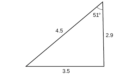 Un triángulo. Un ángulo es de 51 grados con el lado opuesto = 3,5. Los otros dos lados son de 4,5 y 2,9.