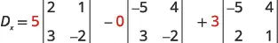 The image displays the calculation of Dx, likely representing a determinant, using a cofactor expansion along the first row. It shows the expression as Dx = 5 multiplied by the determinant of the 2x2 matrix [[2, 1], [3, -2]], minus 0 multiplied by the determinant of [[-5, 4], [3, -2]], plus 3 multiplied by the determinant of [[-5, 4], [2, 1]]. The coefficients 5, 0, and 3 are highlighted in red.