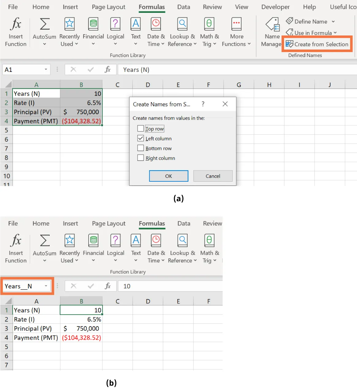 (a) Create from Selection is selected and Create names from values in the Left column is selected. (b) Cell B1 has been renamed Years_N.