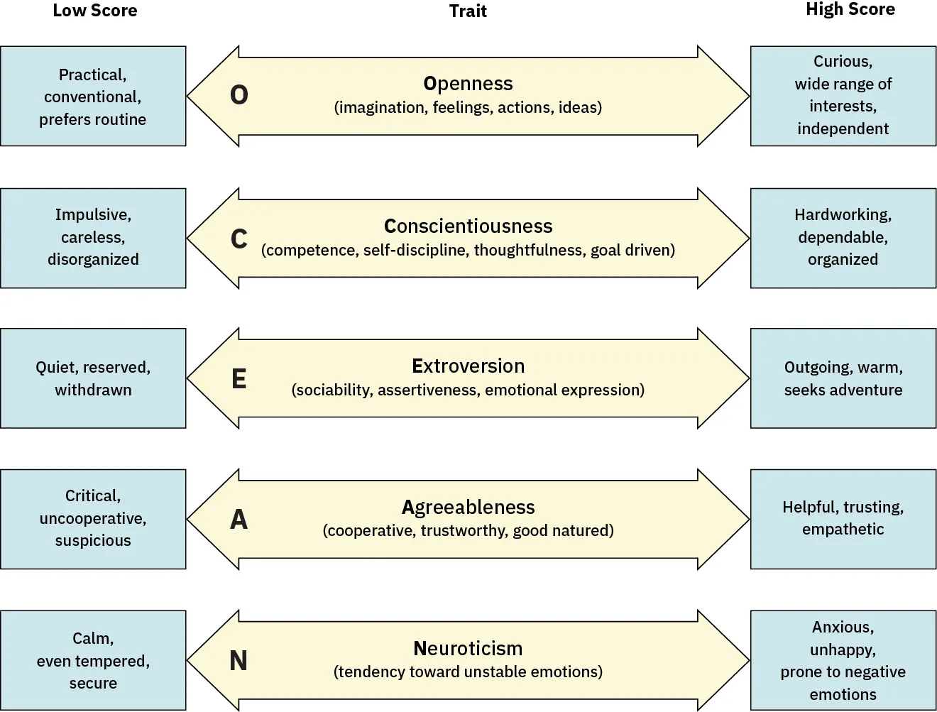 Diagram displays five vertically stacked arrows (labeled Traits), pointing to boxes on the left (labeled Low Score) and right (labeled High Score). Arrows labeled (from top down): O - Openness (imagination, feelings, actions, ideas), with Low Score (practical, conventional, prefers routine) and High Score (Curious, wide range of interests, independent); C - Conscientiousness (competence, self-discipline, thoughtfulness, goal-driven) with Low Score (impulsive, careless, disorganized) and High Score (hardworking, dependable, organized); E – Extroversion (sociability, assertiveness, emotional expression), with High Score (quiet, reserved, withdrawn) and Low Score (outgoing, warm, seeks adventure); A – Agreeableness (cooperative, trustworthy, good-natured), with High Score (critical, uncooperative, suspicious) and Low Score (helpful, trusting, empathetic); N – Neuroticism (tendency toward unstable emotions) with Low Score (calm, even-tempered, secure) and Low Score (anxious, unhappy, prone to negative emotions).