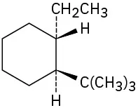 In a cyclohexane ring, C1 is wedge bonded to tertiary-butyl group and dash bonded to hydrogen atom. C2 is wedge bonded to hydrogen atom and dash bonded to ethyl group.