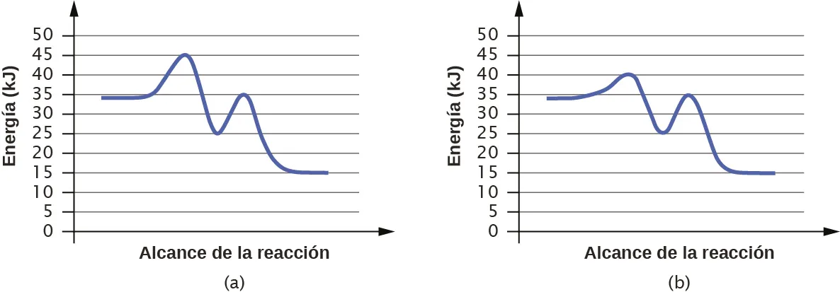 En esta figura se muestran dos gráficos. Los ejes de la x están etiquetados como "Extensión de la reacción" y los ejes de la y como "Energía ( k J )". Los ejes de la y están marcados de 0 a 50 en intervalos de 5. En a, se muestra una curva azul. Comienza con un segmento horizontal en torno a 34. A continuación, la curva sube bruscamente cerca de la mitad para alcanzar un máximo de aproximadamente 45, luego baja bruscamente hasta aproximadamente 25, vuelve a subir bruscamente hasta aproximadamente 35 y baja hasta otro segmento horizontal a aproximadamente 15. En b, la curva comienza y termina de forma similar, pero el primer pico alcanza aproximadamente 40, baja a 25, luego sube a 35 antes de caer a la región horizontal hasta aproximadamente 15.